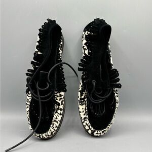 Tory Burch Fringe Studded Cow Print Moccasins